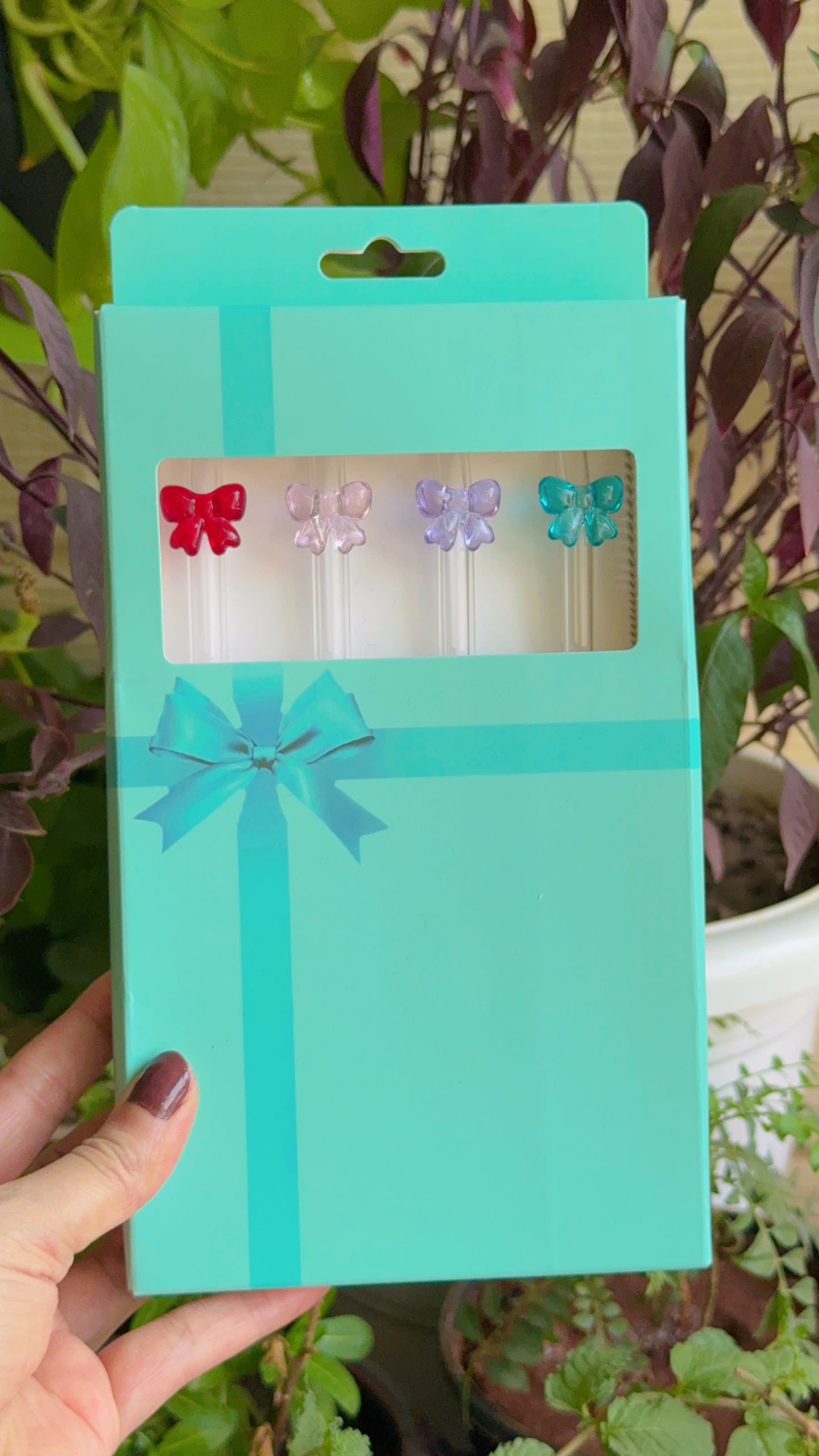 Cute & Colorful Glass Bow Straws Set of 5 with Brush