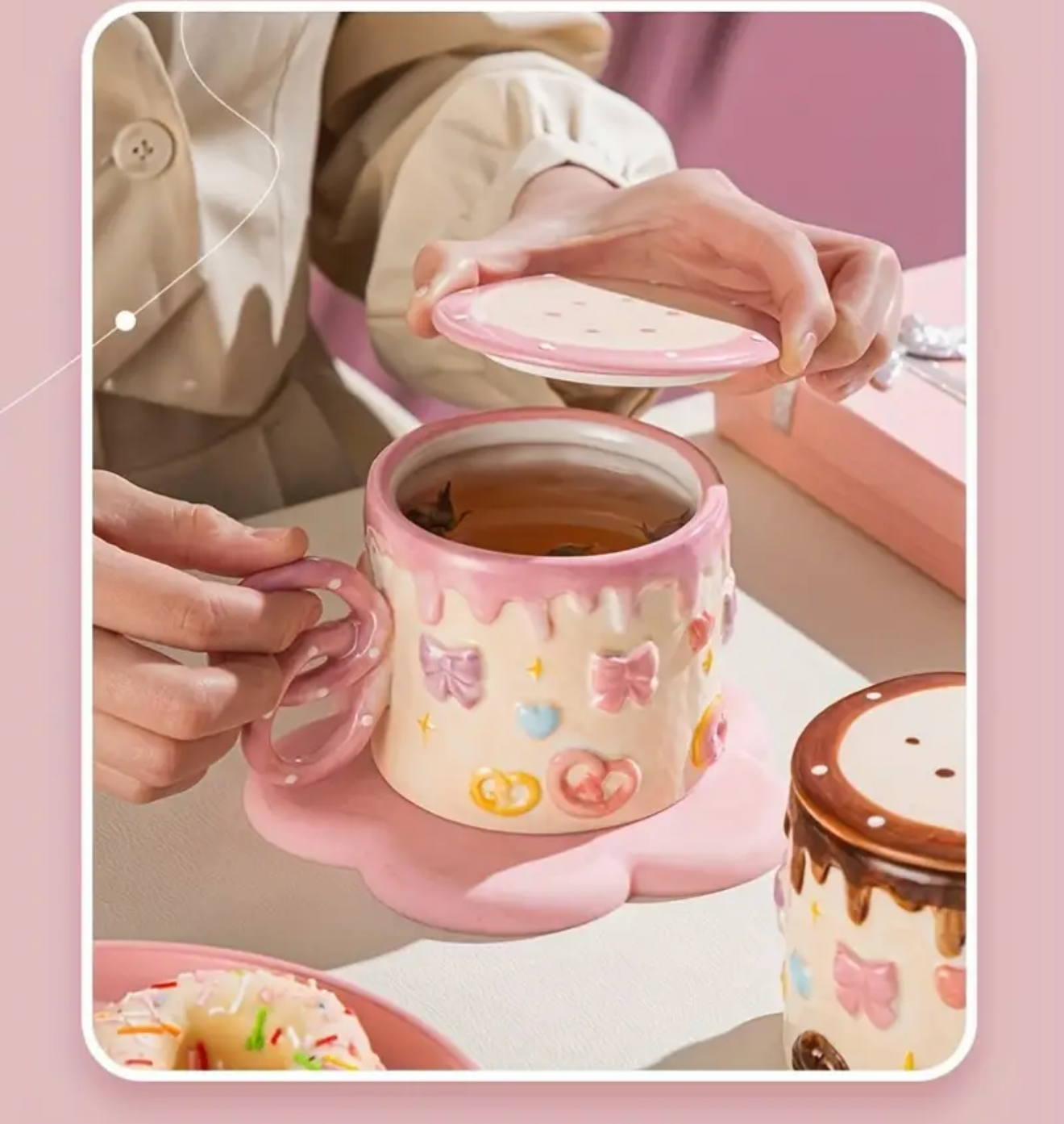 Pink bow and Pretzel Mug with Lid