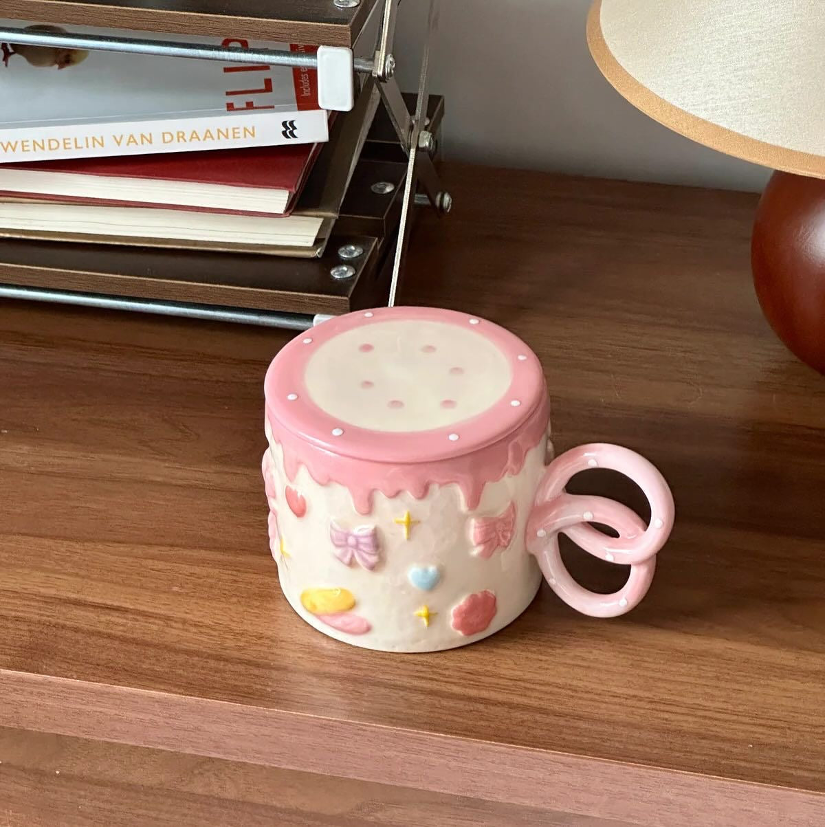 Pink bow and Pretzel Mug with Lid