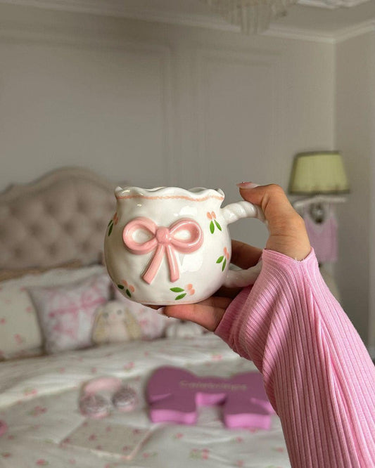 Aesthetic Floral Ceramic Mug with Cute Bowknot