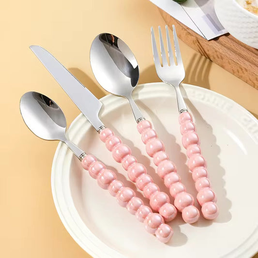 Pink Set Of Four Spoon Fork Dinner Knife Set