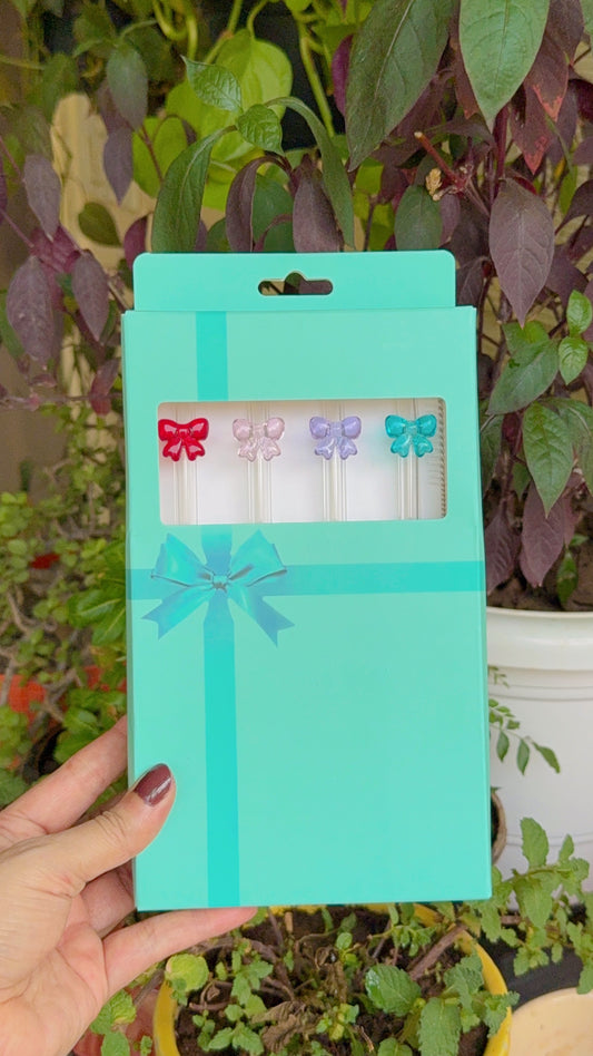 Cute & Colorful Glass Bow Straws Set of 5 with Brush