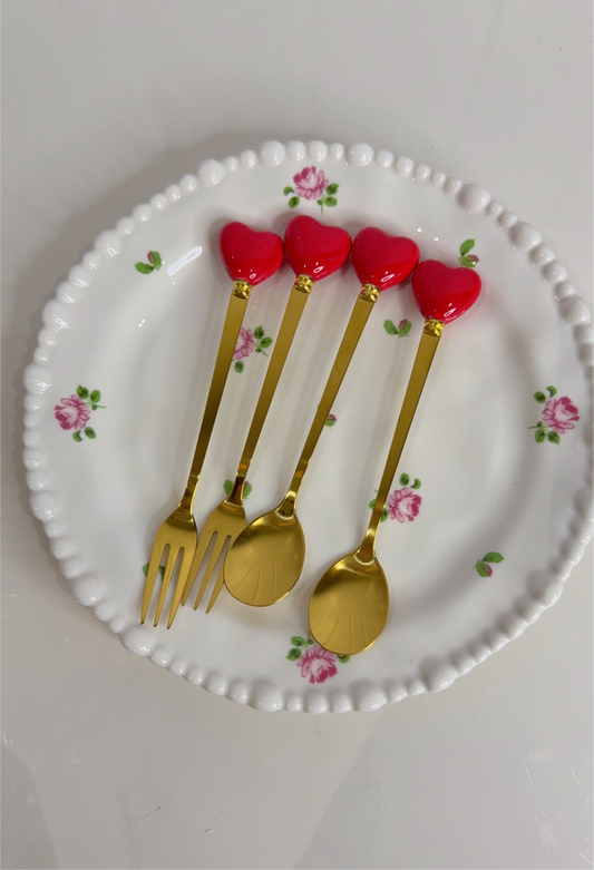 Set of Four Heart Fork and Spoon