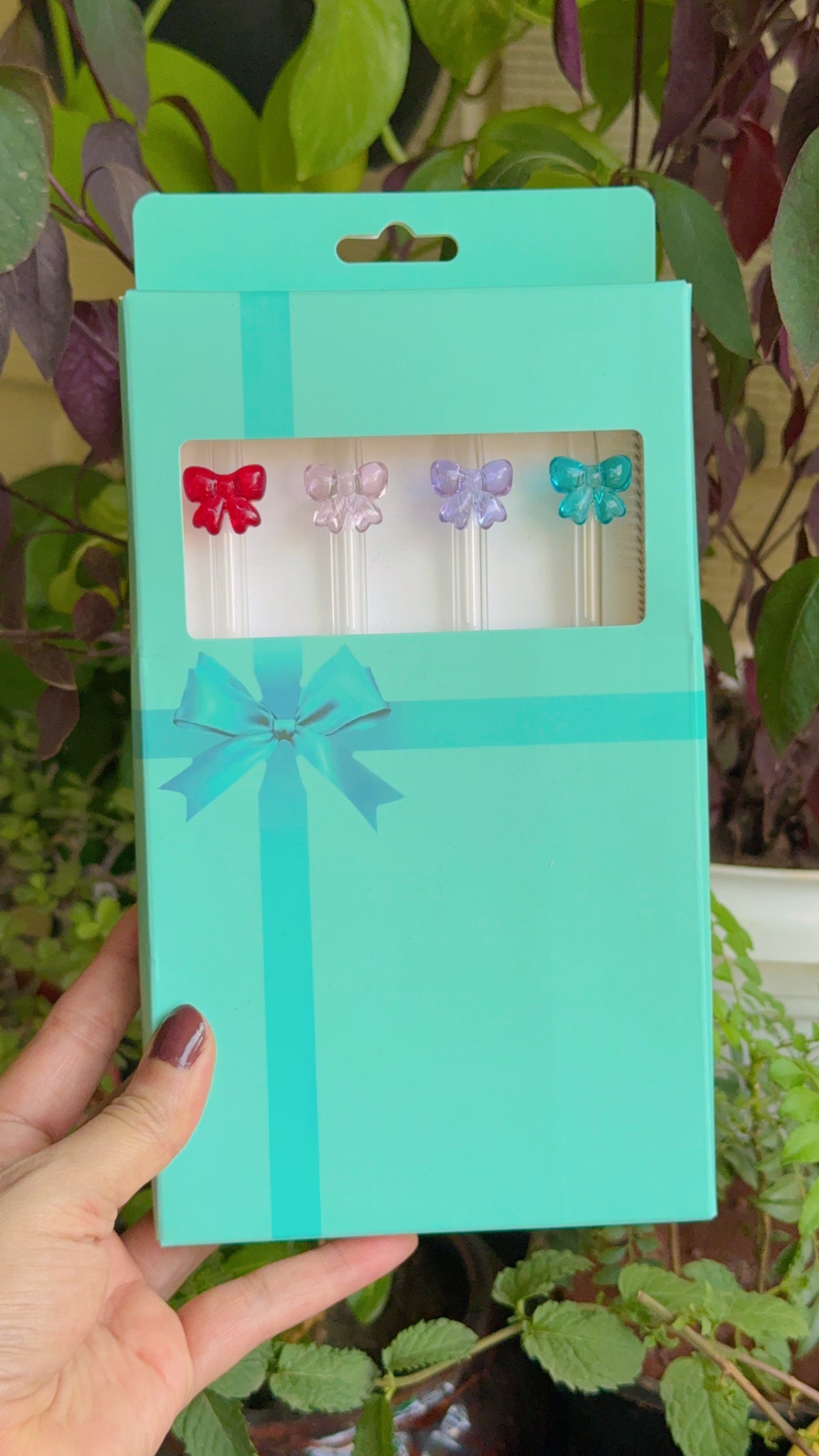Cute & Colorful Glass Bow Straws Set of 5 with Brush