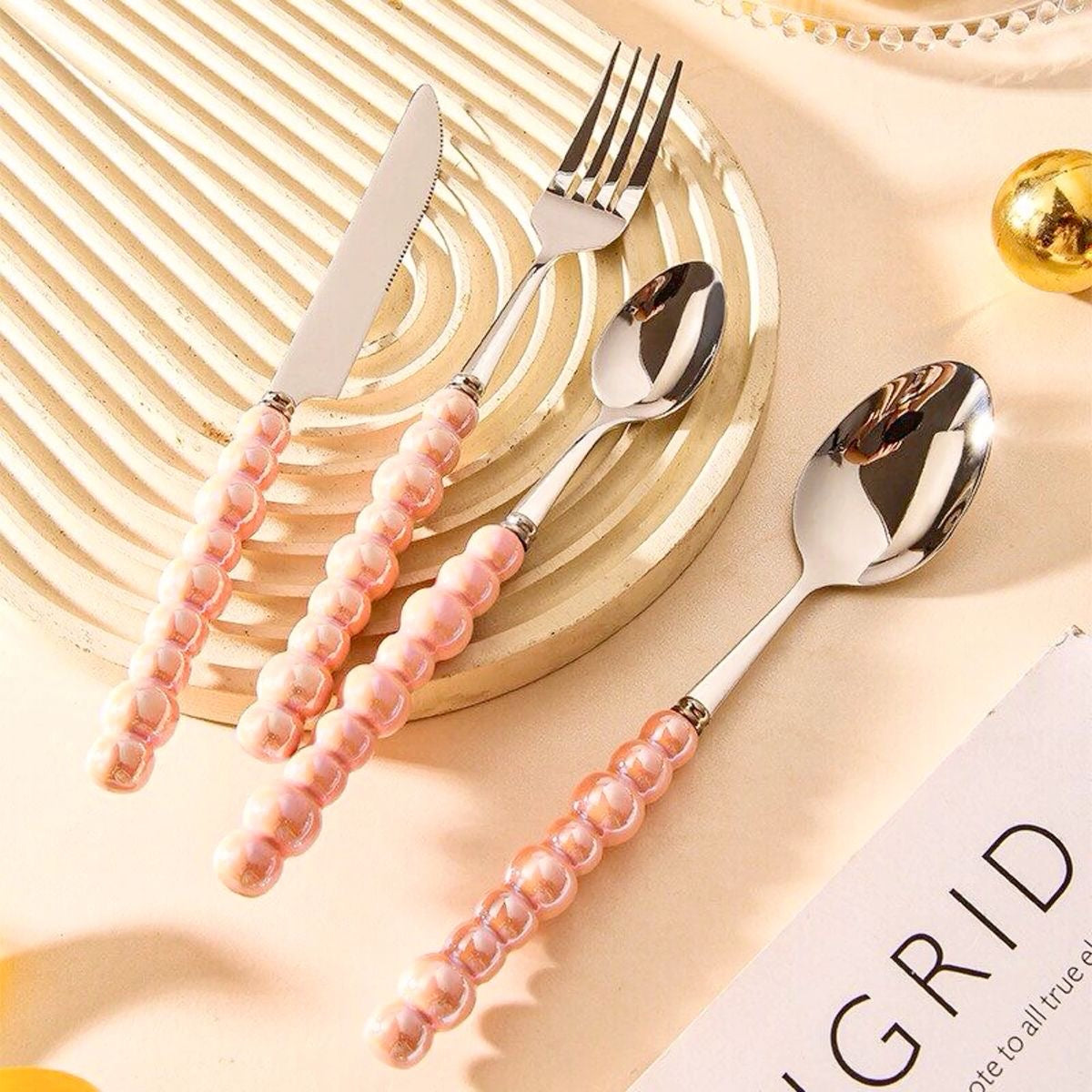 Pink Set Of Four Spoon Fork Butter Knife Set
