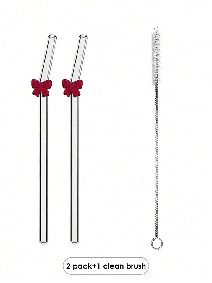 Rose Red Bow Glass Straws Set of Two