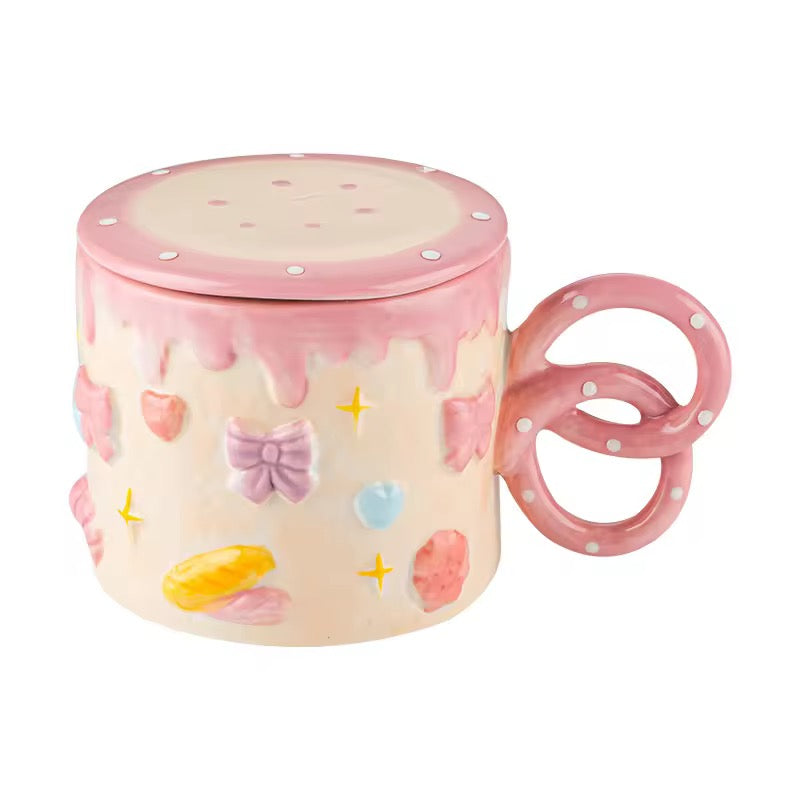 Pink bow and Pretzel Mug with Lid