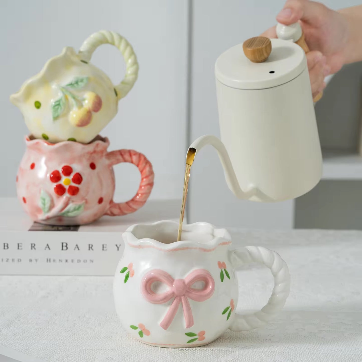 Aesthetic Floral Ceramic Mug with Cute Bowknot