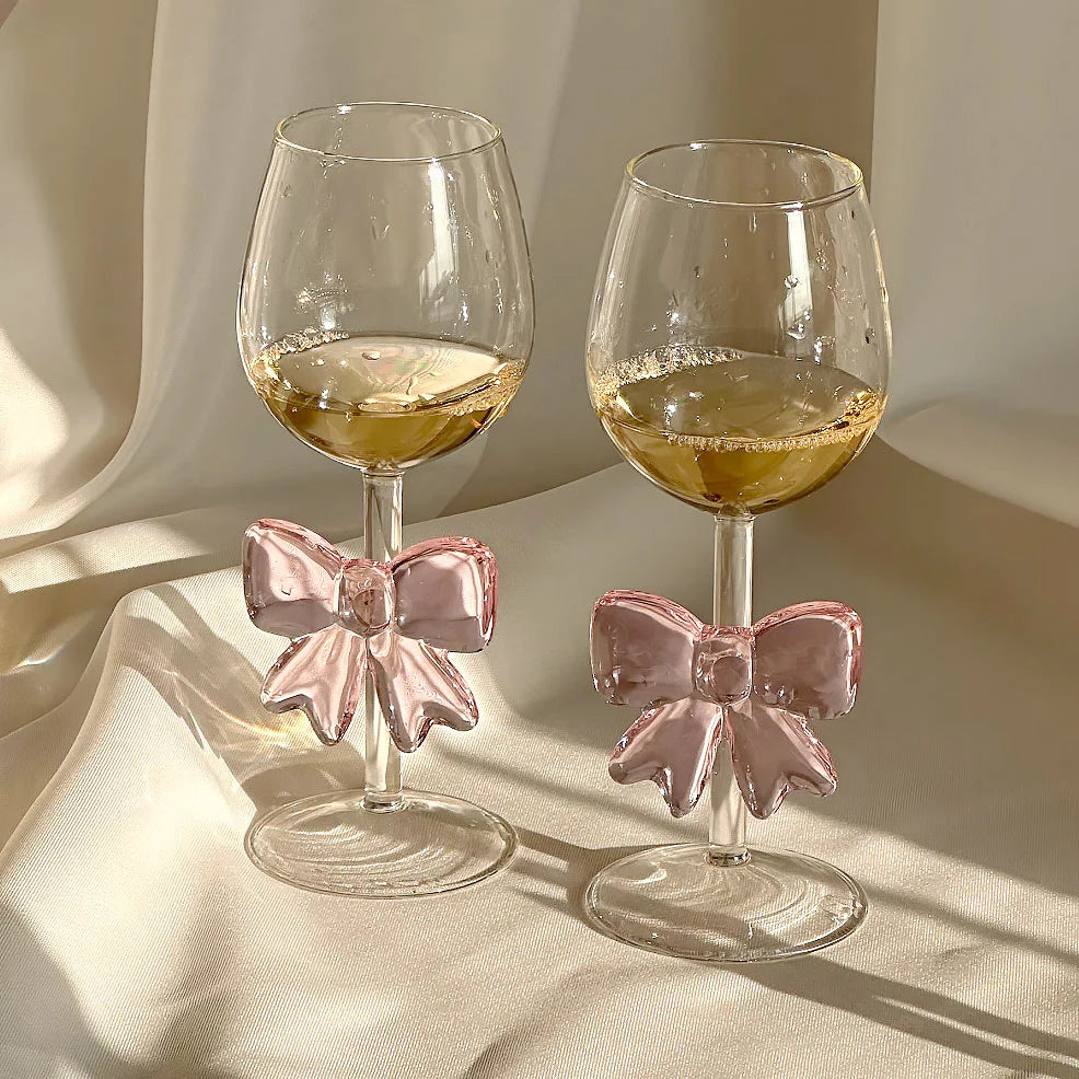 Pink Glass Bow Wine Glass Set of Two