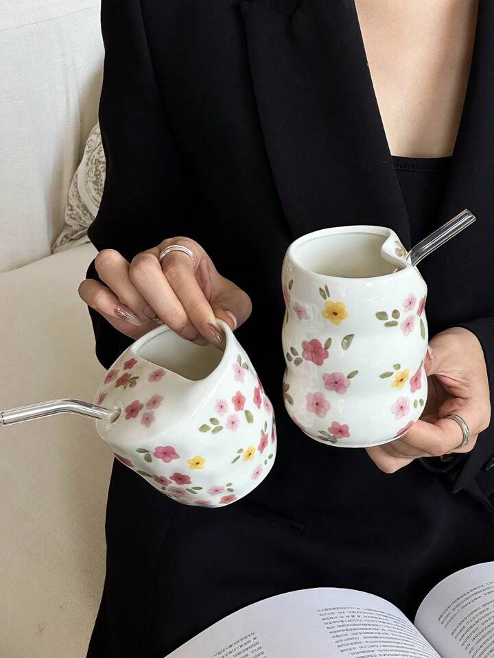 Hand-Painted Flower Design Mug without Straw