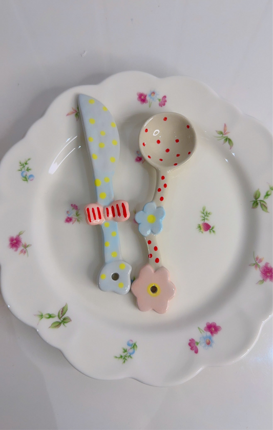 Ceramic Spoon and Butter Knife Set of Two