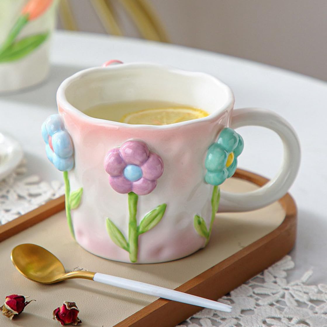 Nordic Style Embossed Flower Ceramic Mug without Spoon