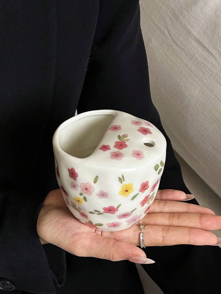 Hand-Painted Flower Design Mug without Straw