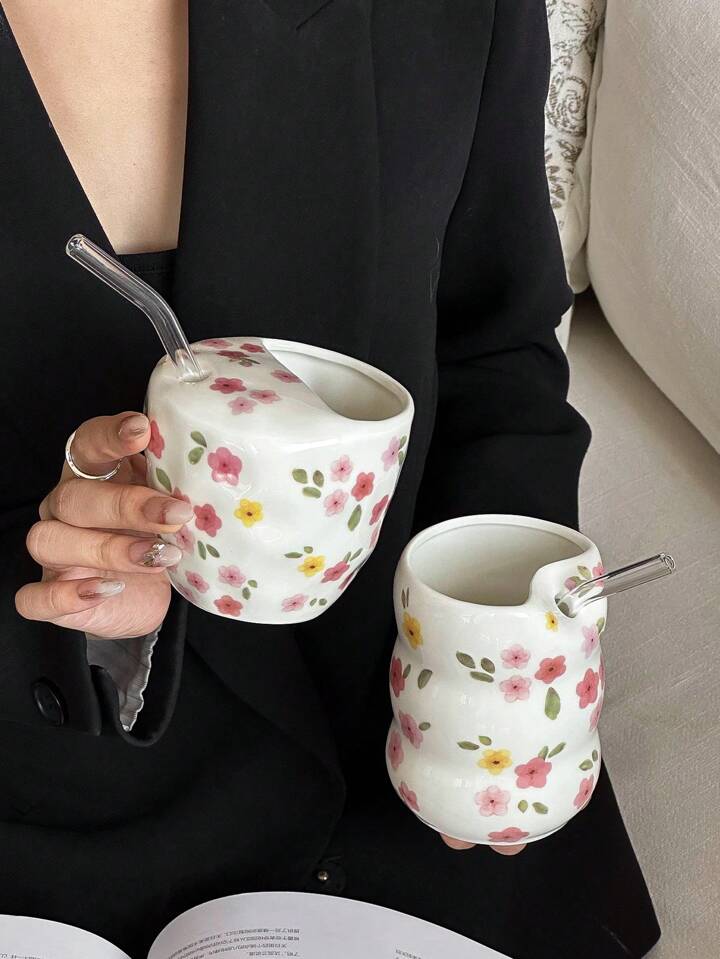 Hand-Painted Flower Design Mug without Straw