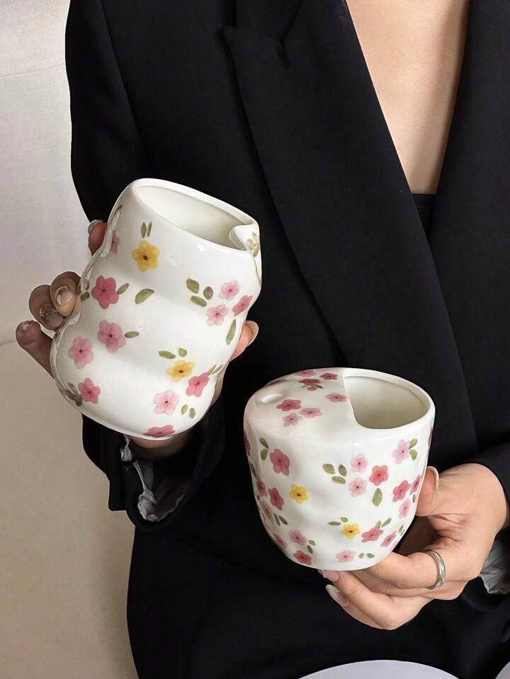 Hand-Painted Flower Design Mug without Straw