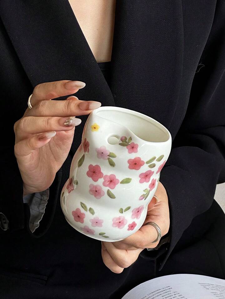 Hand-Painted Flower Design Mug without Straw