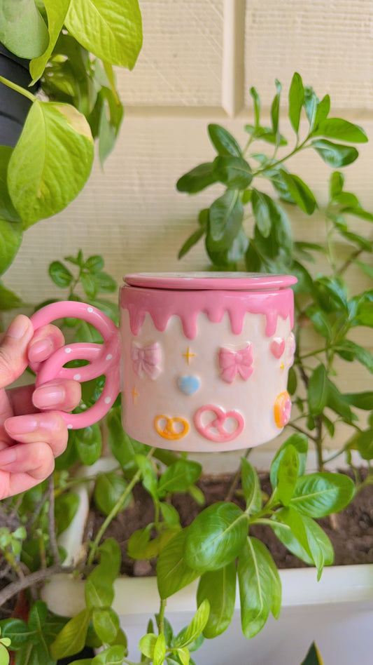 Pink bow and Pretzel Mug with Lid