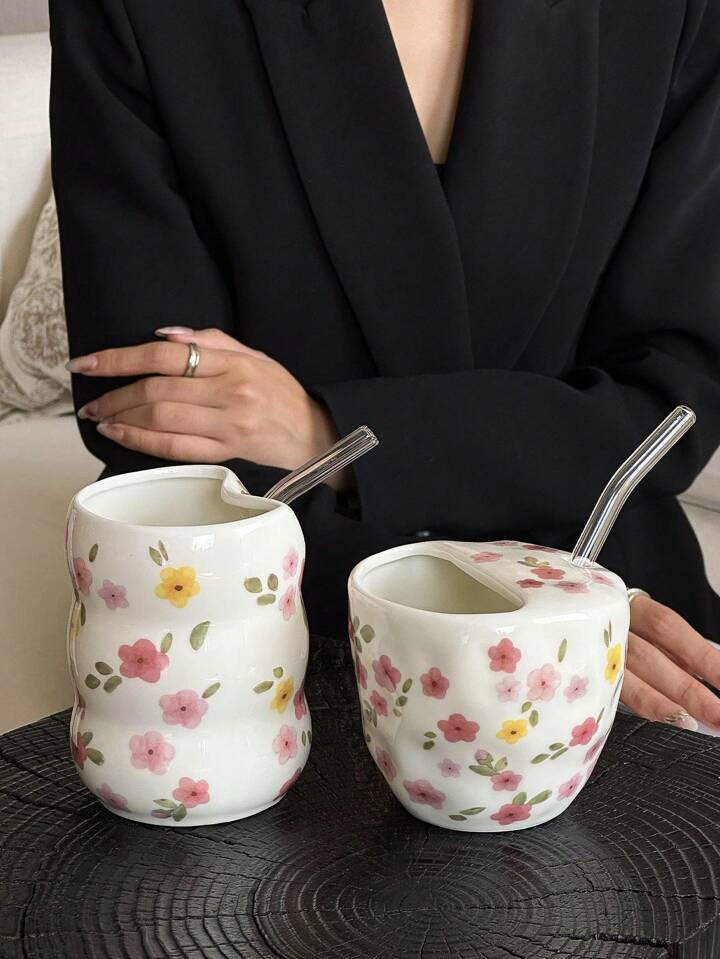 Hand-Painted Flower Design Mug without Straw