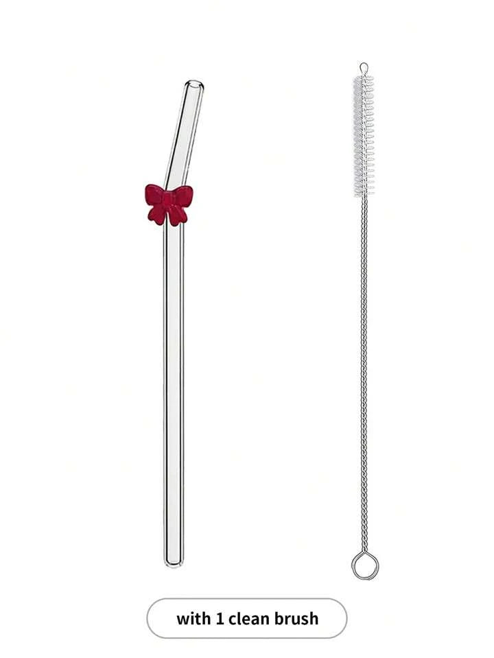 Rose Red Bow Glass Straws Set of Two