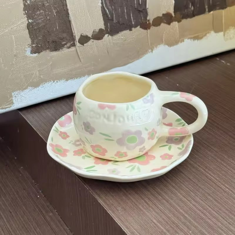 Hand-Painted Flower Heart Ceramic Mug With Saucer