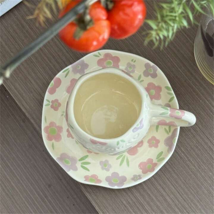 Hand-Painted Flower Heart Ceramic Mug With Saucer