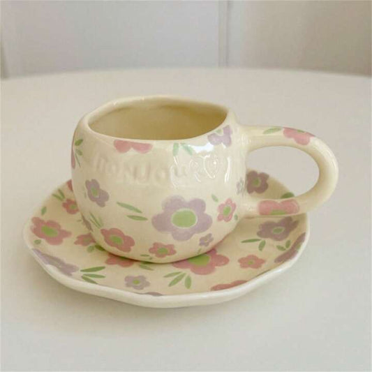 Hand-Painted Flower Heart Ceramic Mug With Saucer