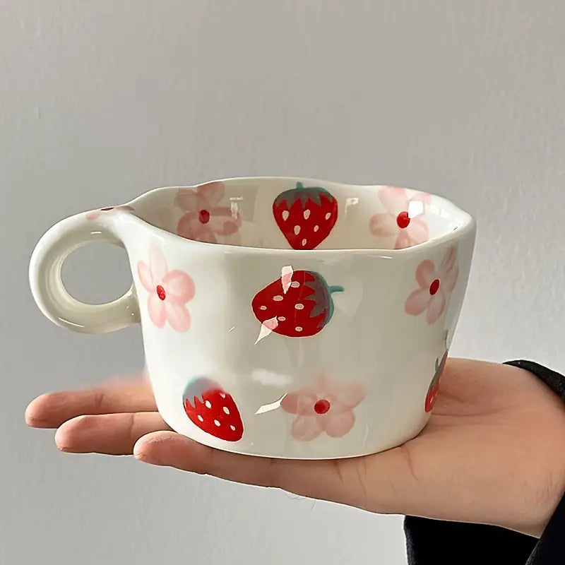 Strawberry & Floral Hand Painted Ceramic Aesthetic Cute Mug