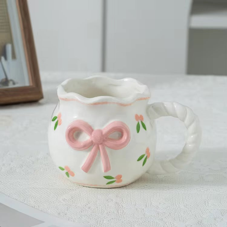 Aesthetic white Floral Ceramic bowknot Mug, Perfect for tea or coffee lovers with Cute pink Bow Design
