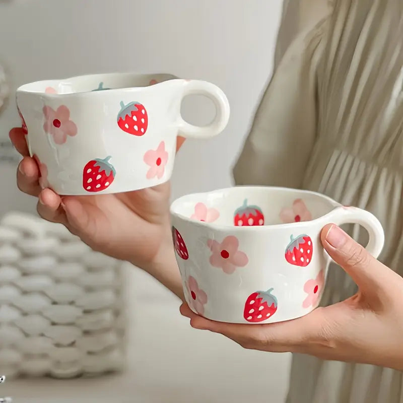 Strawberry & Floral Hand Painted Ceramic Aesthetic Cute Mug