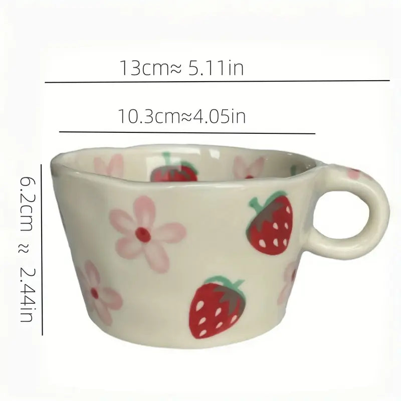 Strawberry & Floral Hand Painted Ceramic Aesthetic Cute Mug